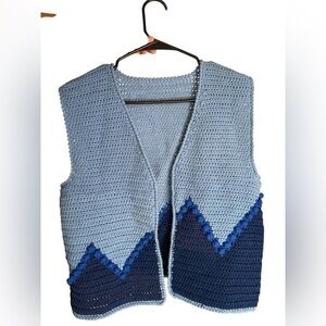 Hand knit blue cardigan sweater vest two toned